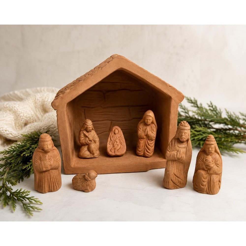 VTG Terracotta Nativity Set with Stable 8 Pc Southwest Folk Art Christmas Creche